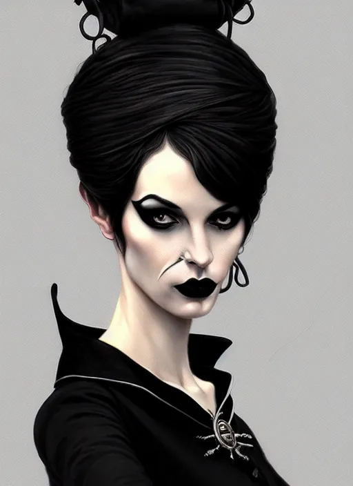 Image similar to portrait of a woman with a hook nose and a confident expression, 1 9 6 0 s, black clothes, goth, punk, funk, intricate, elegant, highly detailed, digital painting, artstation, concept art, smooth, sharp focus, illustration, art by wlop, mars ravelo and greg rutkowski