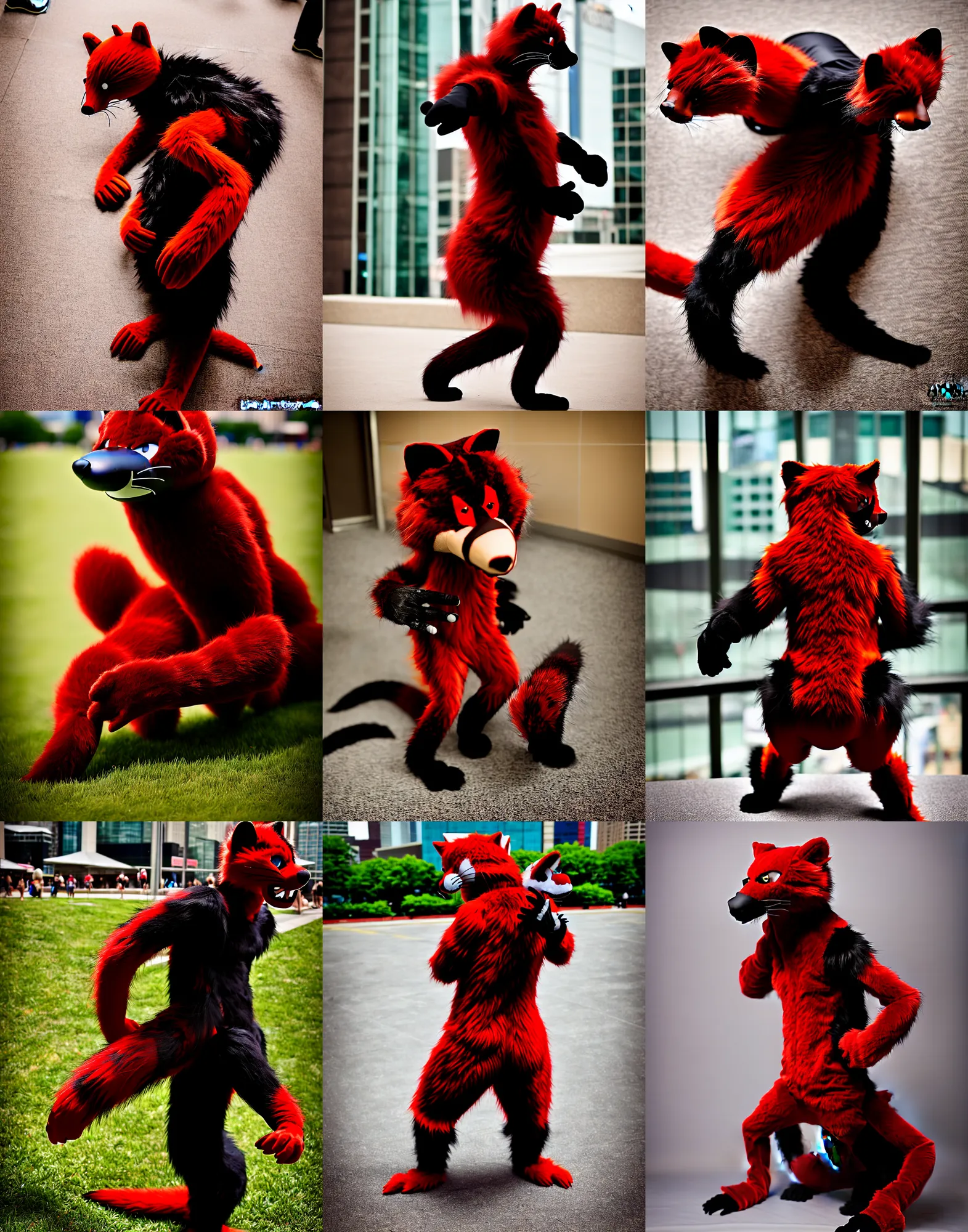 Image similar to fullbody photoshoot photo portrait of a roguish male red - black furred weasel furry fursuiter ( tail attached ), taken at anthrocon ( furry convention )