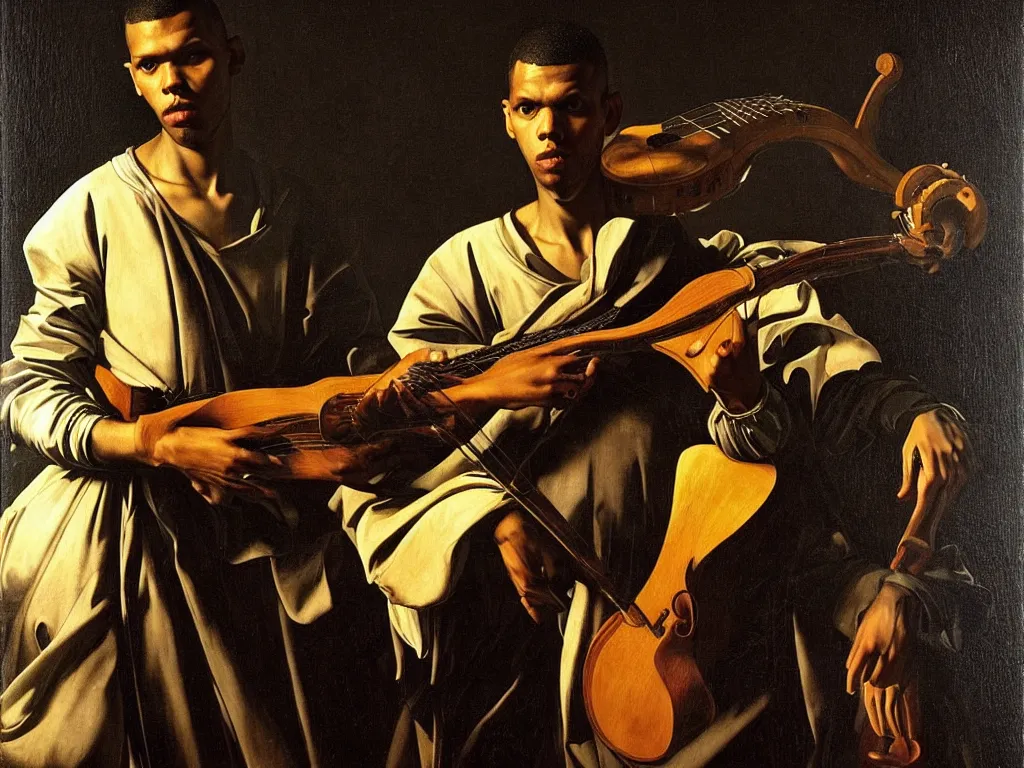 Prompt: a masterpiece portrait of stromae as a bard with a mandolin by caravaggio, epic composition, exquisite details, dark mood,