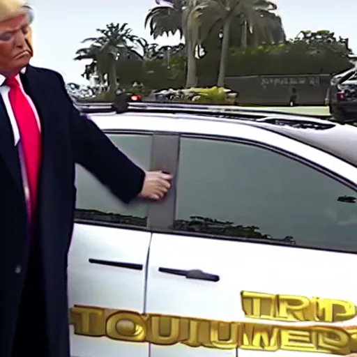 Prompt: Newscast still of Donald Trump being handcuffed and arrested and put into a cop car at mar-a-lago