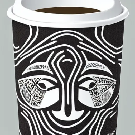 Image similar to Starbucks coffee cup design inspired by the Haida Gwaii raven spirit, symmetrical, high detail, product photo