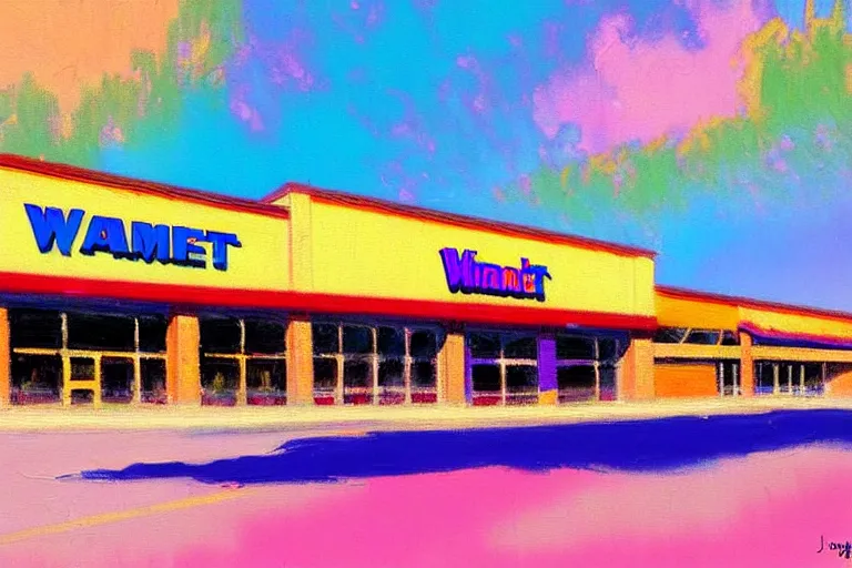 Prompt: impressionist brushstrokes!!!! lisa frank and and richard schmid and jeremy lipking victorian loose genre loose painting of a walmart store