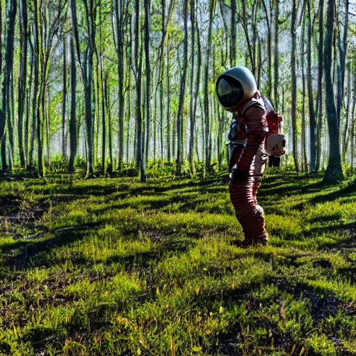 Image similar to An astronaut exploring a green swamp in an alien planet at golden hour