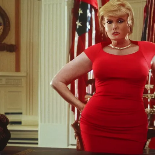 Prompt: donald trump as a hot lady in a red dress, film still, curved body, high quality, 8 k