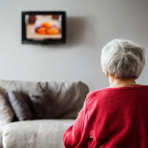 Prompt: an old lady watching a fat person on tv, photography, living room,