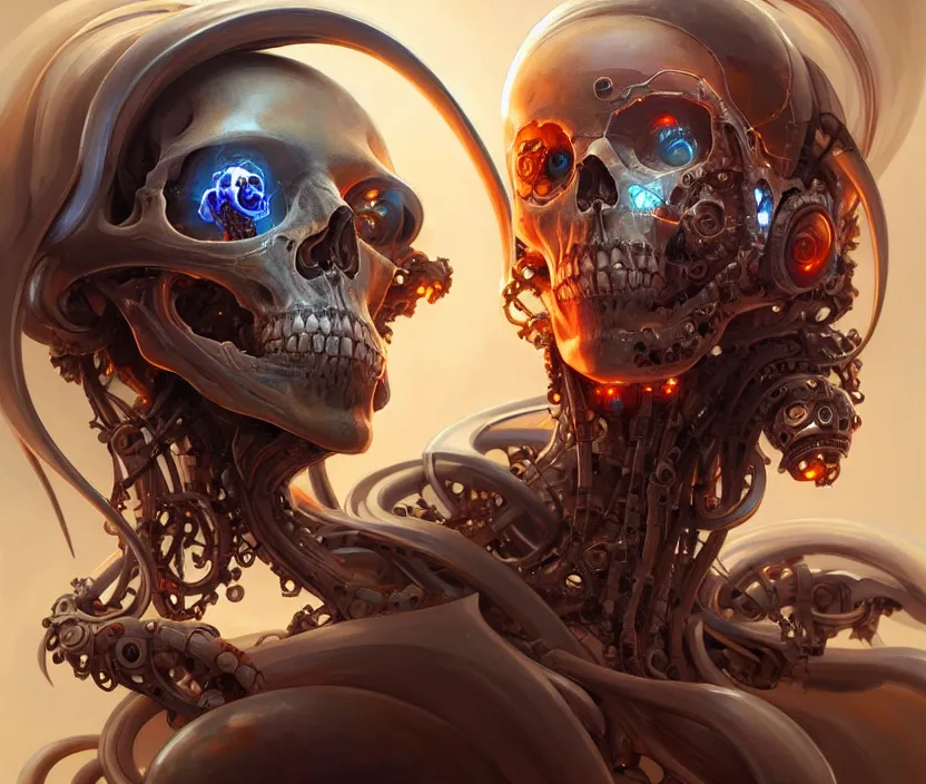 Prompt: Cyborg biomechanical jellyfish skull face portrait, sci-fi, highly detailed, digital painting, artstation, concept art, smooth, sharp focus, illustration, art by artgerm and greg rutkowski and alphonse mucha