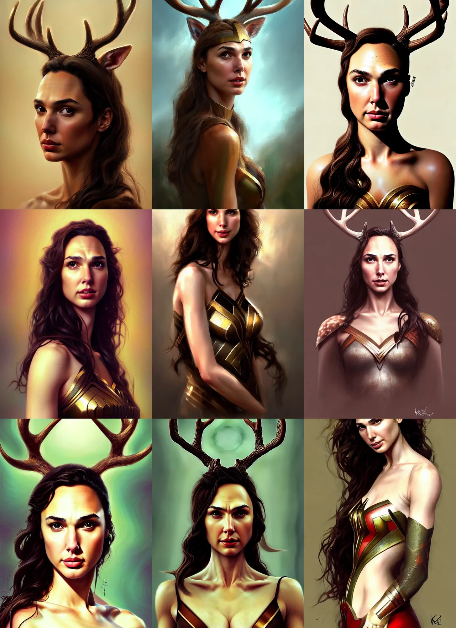 Prompt: head and shoulders masterpiece portrait of gal gadot as a deer, surreal background, digital art by krenz cushart, trending on artstation, cgsociety