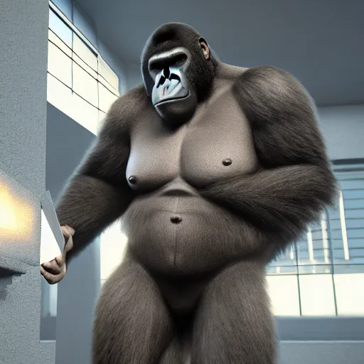 Image similar to big gorilla man terroizing church, 8k cinematic lighting, very sharp detail, anatomically correct