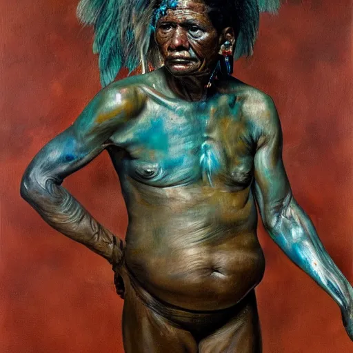 Image similar to high quality high detail painting by lucian freud and jenny saville, hd, full body of a indigenous tribe leader, turquoise color, photorealistic lighting