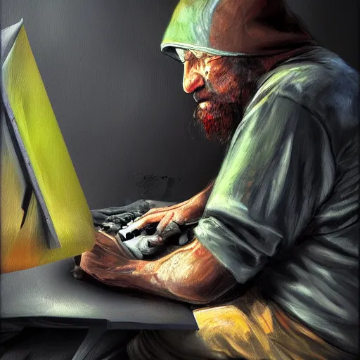 Prompt: homeless man gaming on a PC, expressive oil painting, digital art, matte art