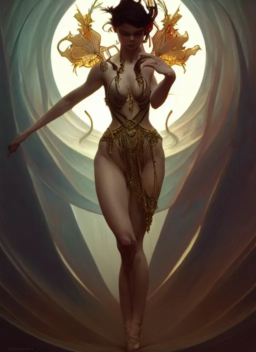 Image similar to dancer of the underworld, intricate, elegant, higly detailed, ultra definition, digital painting, artstation, unreal engine rendered, concept art, smooth, sharp focus, illustration, art by artgerm and greg rutkowski and alphonse mucha and garis edelweiss