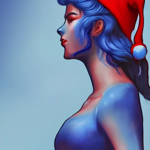 Image similar to goddess seen in profile, different shades of blue, wearing a red santa hat, hd artstation