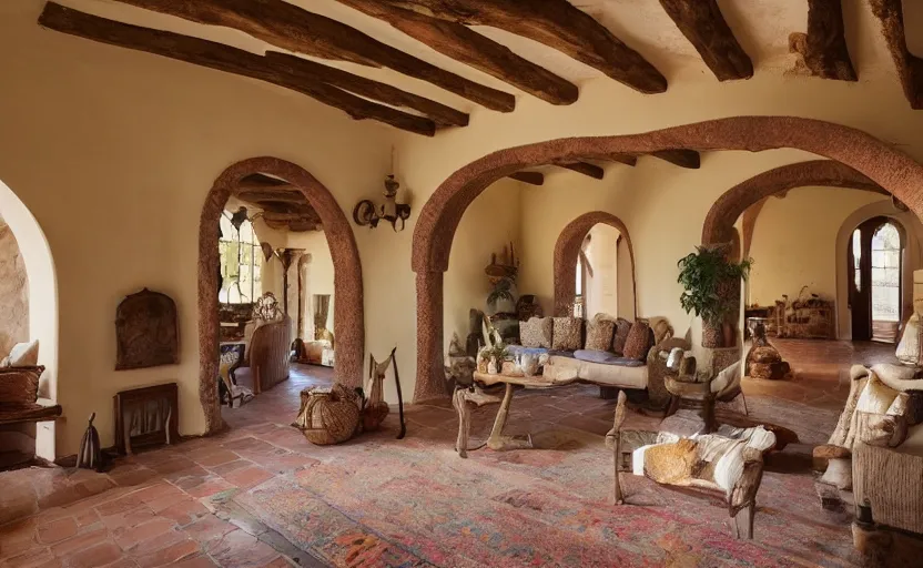 Prompt: interior of a living room, spanish colonial mansion style, arches, pillars, rustic wood, natural materials, bohemian style, swedish design, ocher, beige, dark brown, windows with view of hills