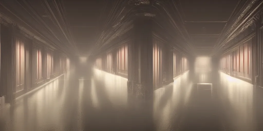 Image similar to a long angle shot of a big dark room with white lights on the celling and a long hallway at the end of the room with red lights on the celling, highly detailed, unreal engine, 4 k, dark, moody, foggy, game render, hyper realistic