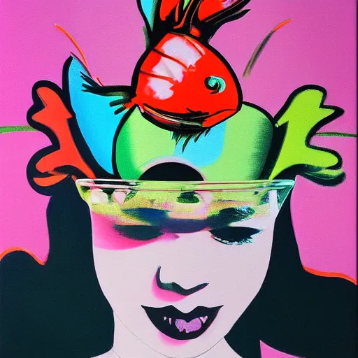 Prompt: a woman holding a fish bowl with fish inside. bow on top. oil on canvas. art in the style of Andy Warhol. trending on artstation