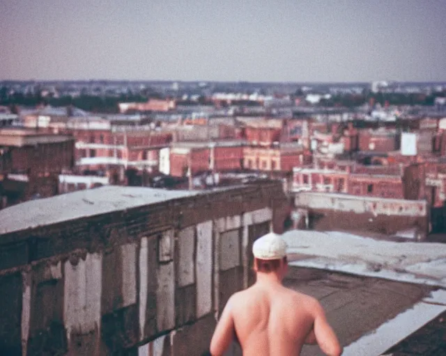 Image similar to lomo photo of man standing on the roof of soviet hrushevka, small town, cinestill, bokeh, out of focus