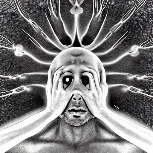 Image similar to a man experiencing his third eye pineal gland exploding out of the front of his forehead as he is able to perceive all of the thoughts of mankind. body horror. by gerald grom and ansel adams.