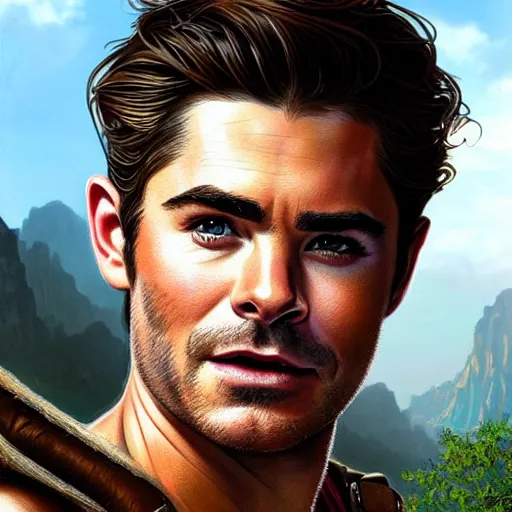 Image similar to A combination of Zac Efron's and Orlando Bloom's and Chris Pine's faces as Nathan Drake, western, D&D, fantasy, intricate, elegant, highly detailed, digital painting, artstation, concept art, matte, sharp focus, illustration, art by Artgerm and Greg Rutkowski and Alphonse Mucha