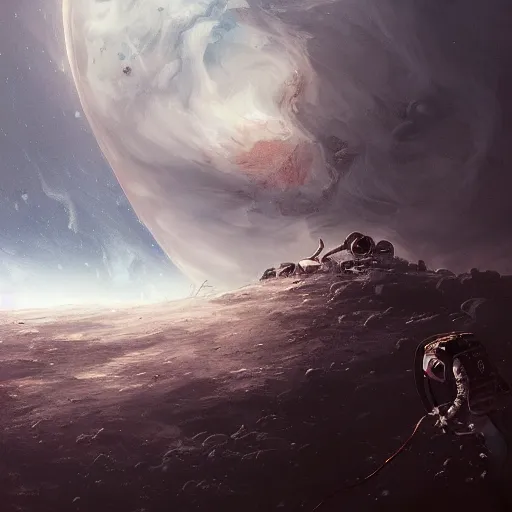 Image similar to dead astronaut falling through the clouds in jupiter, by cedric peyravernay, highly detailed, excellent composition, cinematic concept art, dramatic lighting, trending on artstation