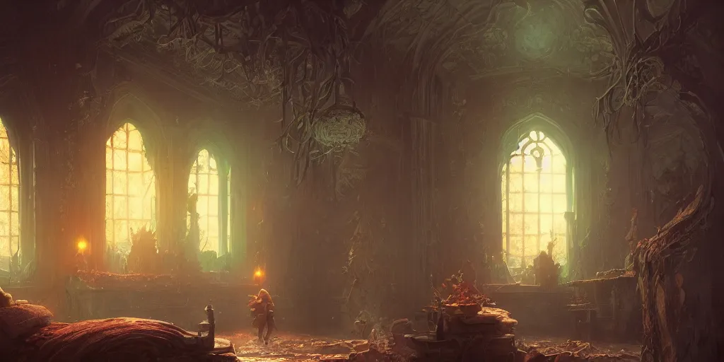 Image similar to a room in a dark castle, stephen bliss, unreal engine, fantasy art by greg rutkowski, loish, rhads, ferdinand knab, makoto shinkai and lois van baarle, ilya kuvshinov, rossdraws, tom bagshaw, alphonse mucha, global illumination, radiant light, detailed and intricate environment