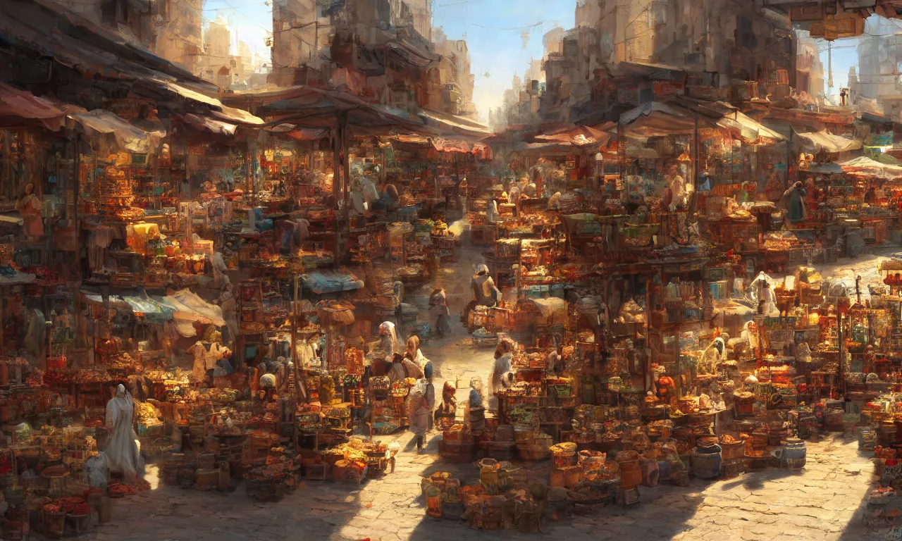 Prompt: Painting of a middle eastern street market, circa 1600s, concept art in the style of Craig Mullins, sunlit, 4k