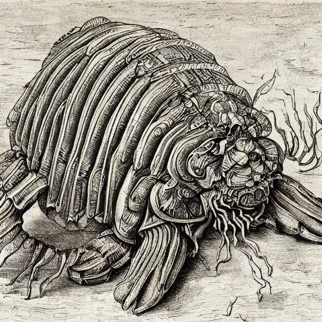 Prompt: a detailed, intricate drawing of a giant isopod on a beach, by albrecht durer