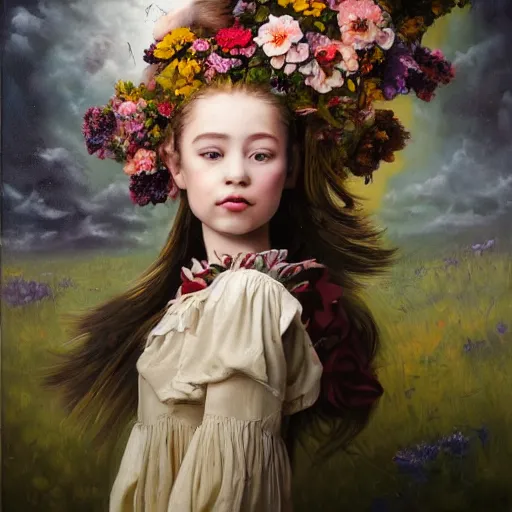 Prompt: a young girl portrait with porcelain face and two ponytails flying in the wind, dressed in a vintage dress, blooming flowers in her head, conceptual art, oil fantasy painting, hyperdetailed, dramatic light, 4 k