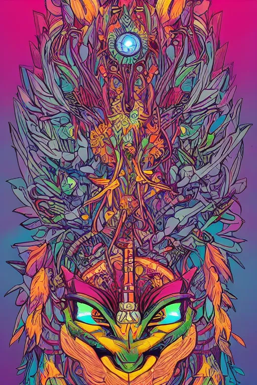 Image similar to animal mask totem roots flower tribal feather gemstone plant wood rock shaman vodoo video game vector cutout illustration vivid multicolor borderlands comics by josan gonzales and dan mumford radiating a glowing aura