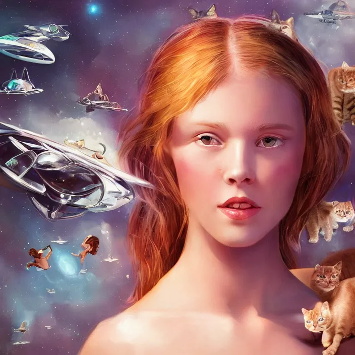 Prompt: the face of a beautiful girl from the future, surrounded by cats, flies in a spaceship, detailed, concept matte painting