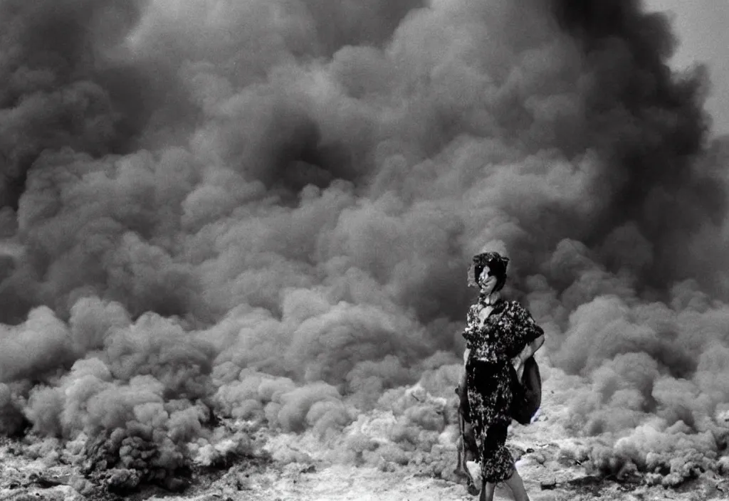 Image similar to portrait photograph fashion in Kuwait oil fields fire burning. 1991.