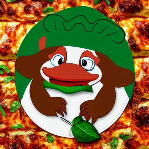 Image similar to cute platypus wearing a chef hat and holding a lasagna into an over, with three basil leaves over the lasagna, pixar style, ultradetailed, 3 d, ratatouille style