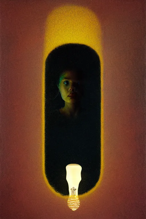 Prompt: painting of a girl inside of an upside down light bulb, kintsugi, modern fine art, fractal, intricate, elegant, highly detailed, digital photography, subsurface scattering, by wes anderson and basquiat and greg rutkowski,