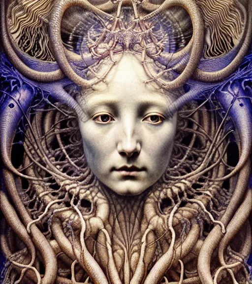 Image similar to detailed realistic beautiful glowing goddess face portrait by jean delville, gustave dore, iris van herpen and marco mazzoni, art forms of nature by ernst haeckel, art nouveau, symbolist, visionary, gothic, neo - gothic, pre - raphaelite, fractal lace, intricate alien botanicals, biodiversity, surreality, hyperdetailed ultrasharp octane render