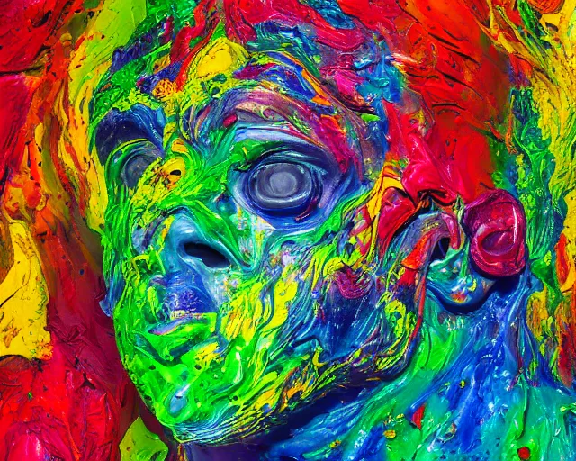 Image similar to abstract expressionist portrait of a head showing strong negative emotions painted with very thick impasto paint and acrylic pour and coloured powder explosion and splashing paint and dripping paint and flying paint chunks, motion blur, hyperrealistic, intricate art photography, anatomically correct, realistic crisp textures, dramatic lighting,