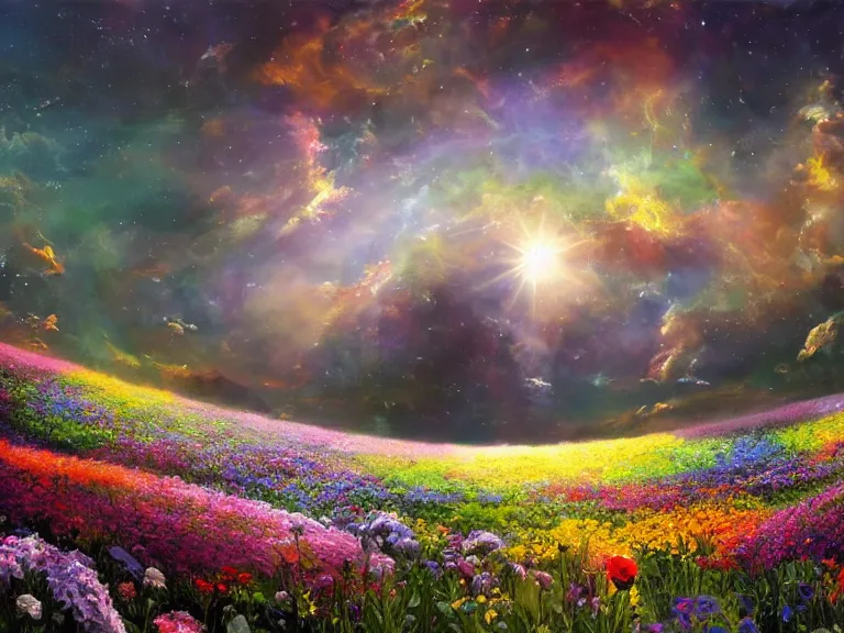 Image similar to a fine painting of a glorious place where love conquers all, where the heavens open to the great cosmos, where flowers are launched into the unknown 8 k, ultra realistic, lens flare, atmosphere, glow, detailed, intricate, full of colour, cinematic lighting, trending on artstation, 4 k, hyperrealistic, focused, extreme details, unreal engine 5, cinematic, masterpiece