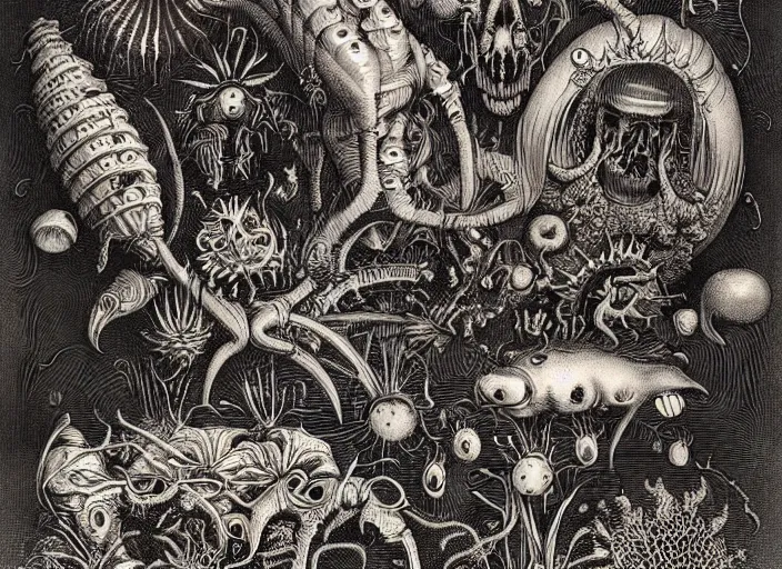 Image similar to atmosphere of constant horror in disturbing colours, made by Joe Fenton, Wenceslas Hollar and Ernst Haeckel in vintage Victorian England colourised print style with saturated colours