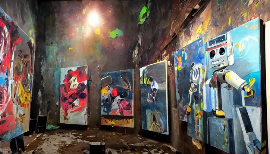 Image similar to robots! painting on canvases in a decrepit art gallery, dramatic lighting