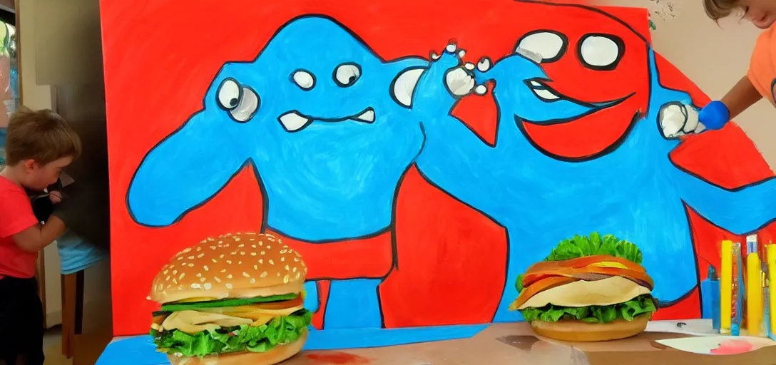 Image similar to kids painting of fast food monster