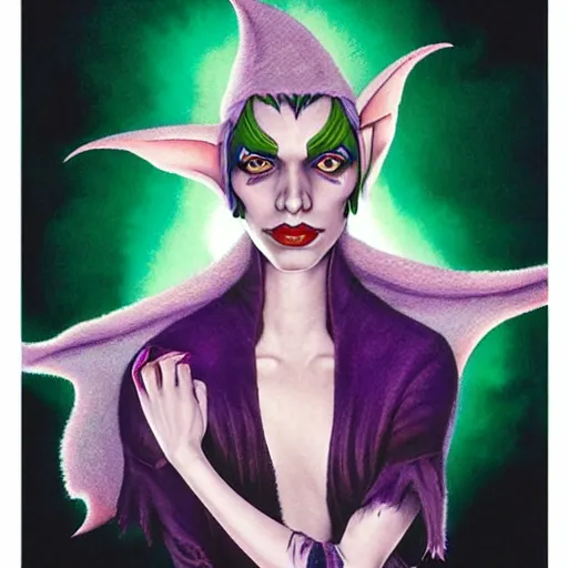 Image similar to a frightening, beautiful elf with violet skin, a scarred face, a bob haircut, and bushy eyebrows, smirking, in the style of jason edmiston