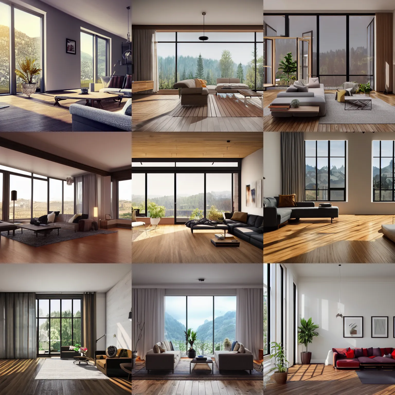 Prompt: a beautiful modern living room with wood floors, large windows with a beautiful view, interior lights and lighting, cozy, realistic, hd, 8 k, digital rendering, unreal engine, blender, octane, maya