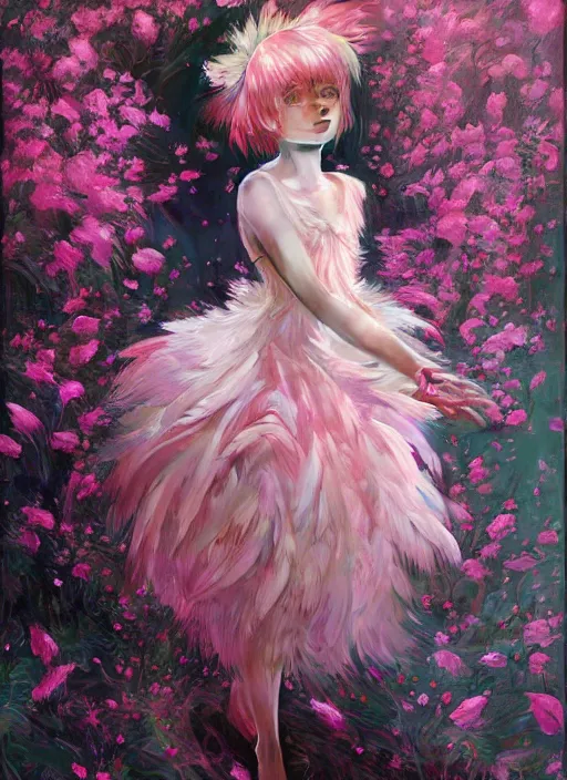 Image similar to beautiful little girl with an pink eccentric haircut wearing an dress made of feathers dancing on stage, artwork made by ilya kuvshinov, inspired in donato giancola, hd, ultra realistic, reflection, flowers, light, realistic face, bird, pixiv