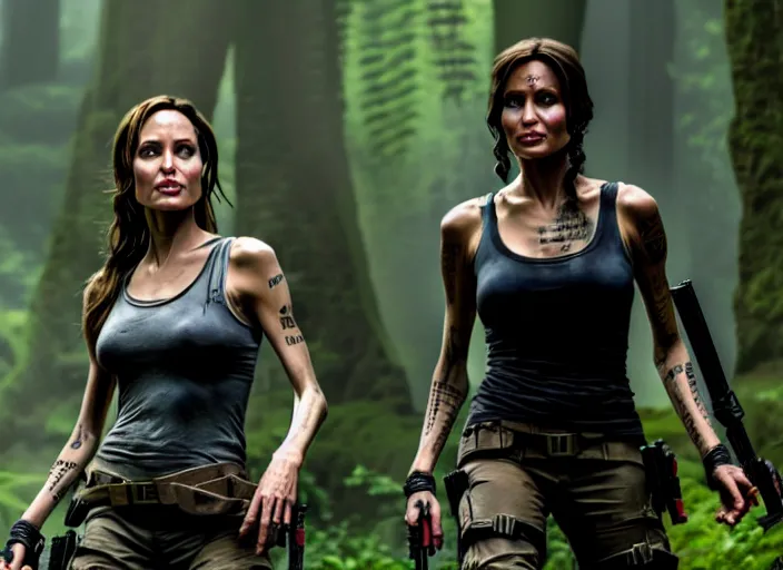 Image similar to film still of!!!! angelina jolie!!! as lara croft in new tomb raider movie, 8 k