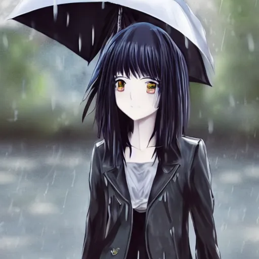 Image similar to 1 7 - year - old anime goth girl, black hair, long bob cut, long bangs, gothic coat, long bangs, united kingdom, rainy day, small town, midlands, english village, street scene, ultra - realistic, sharp details, cold lighting, blue and gray colors, intricate details, subsurface scattering, hd anime, 2 0 1 9 anime