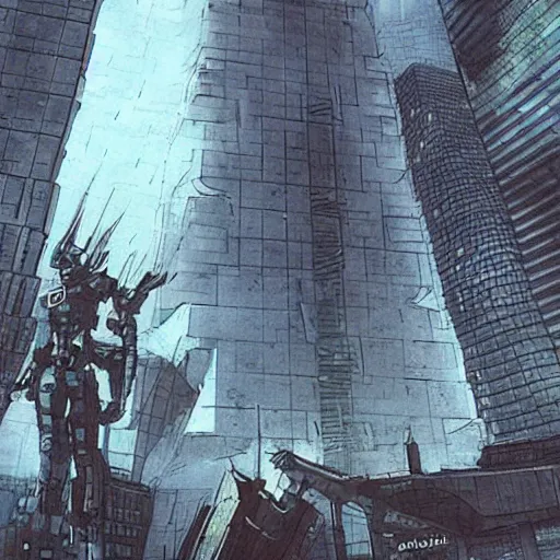 Prompt: “The plaza around the base of the megabuilding was being patrolled by Robocop ED-209. The tower was made of solid black metal and stone. Anime background artwork in the style of Akira. 2077 photo mode by Marc Simonetti, artwork by Ted Nasmith, Ted Nasmith and Marc Simonetti, 8K, D&D concept art, 2077 wallpaper”