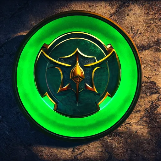 Image similar to green medieval shield, powerful fantasy epic legends, game icon stylized, digital illustration radiating, a glowing aura, global illumination, ray tracing, 8 k high definition, intricate details, octane render, unreal engine, trending on arstation