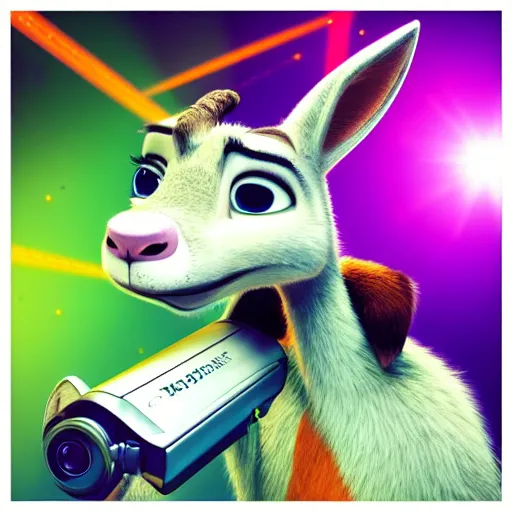 Image similar to “portrait of a smiling goat, zootopia movie style, pointing a laser gun at the camera, digital art, 4k, award winning”