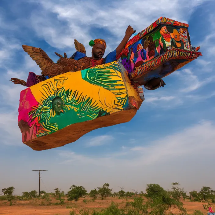 Image similar to UFO hovering over an African Jesus , clouds, colorful, in the style of Nigerian truck art (Eagle & Snake, Kano),