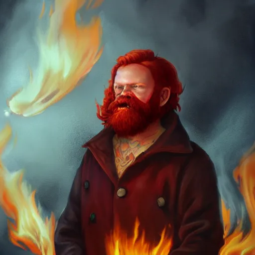 Prompt: grumpy young red haired man with red beard, wearing black coat, fire behind him, fire, fire mage, shooting fire, oil painting, fantasy artwork, fantastic artwork, 4 k, trending on artstation