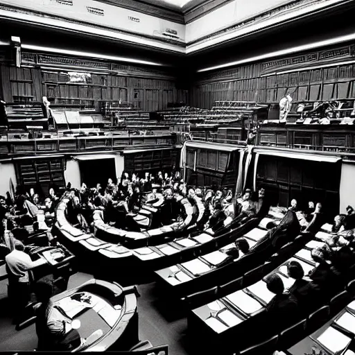 Image similar to chaotic fight between politicians inside the parliamentary chambers, black and white photography, dynamic composition, sharp, strong light and dark contrast