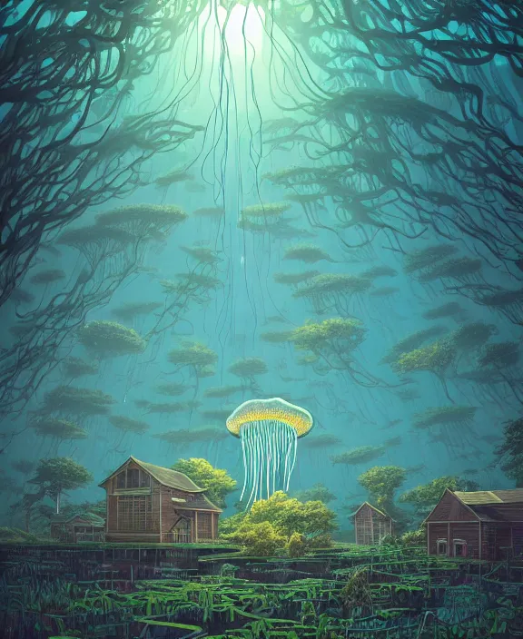 Image similar to an enormous schoolhouse made from jellyfish, overgrown with huge bioluminescent exotic fungus, deep in the woods, noon, sun drenched, partly cloudy, by dan mumford, yusuke murata, makoto shinkai, ross tran, cinematic, unreal engine, cel shaded, featured on artstation, pixiv